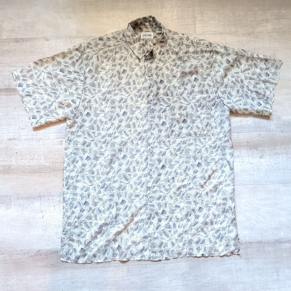 Vintage Cezar Men Silk Short Sleeve Shirt Abstract Geometric Print Size L